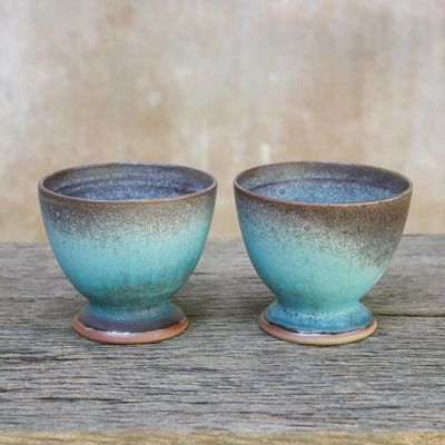 Alternate image for Turquoise and Brown Footed Ceramic Teacups Pair Serene Seas