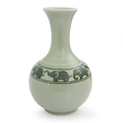 Alternate image for Green Celadon Narrow Neck Elephant Vase from Thailand Green Prancing Elephants