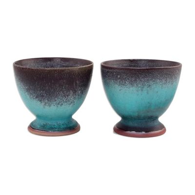 Alternate image for Turquoise and Brown Footed Ceramic Teacups Pair Serene Seas
