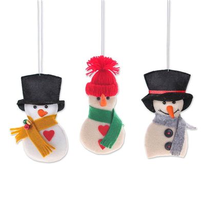 Alternate image for Set of Three Handcrafted Snowman Felt and Acrylic Ornaments Snowy Gentlemen