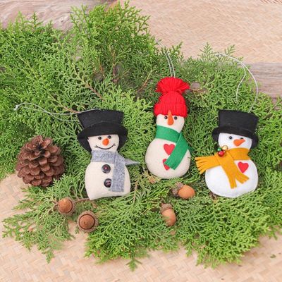 Alternate image for Set of Three Handcrafted Snowman Felt and Acrylic Ornaments Snowy Gentlemen