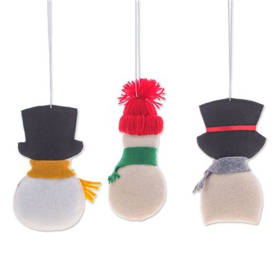 Alternate image for Set of Three Handcrafted Snowman Felt and Acrylic Ornaments Snowy Gentlemen