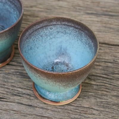 Alternate image for Turquoise and Brown Footed Ceramic Teacups Pair Serene Seas