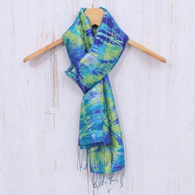 Alternate image for Fringed Tie-Dyed Silk Scarf Smiling Sea