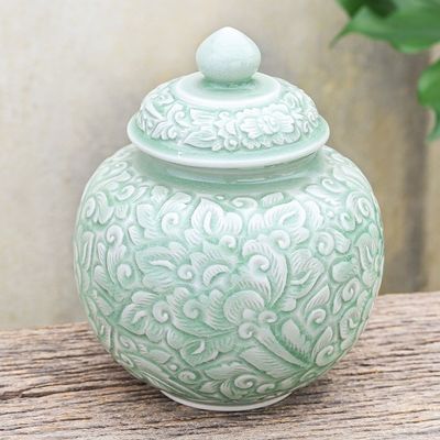 Alternate image for Hand Crafted Celadon Ceramic Floral-Themed Jar Flower Fairy