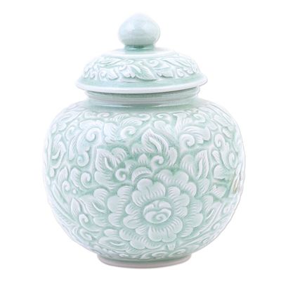 Alternate image for Hand Crafted Celadon Ceramic Floral-Themed Jar Flower Fairy