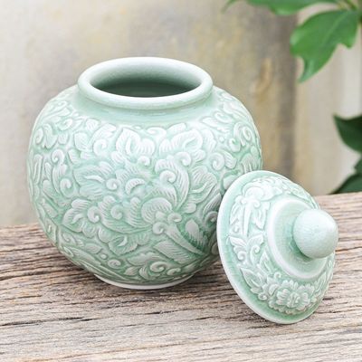 Alternate image for Hand Crafted Celadon Ceramic Floral-Themed Jar Flower Fairy