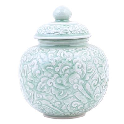 Alternate image for Hand Crafted Celadon Ceramic Floral-Themed Jar Flower Fairy