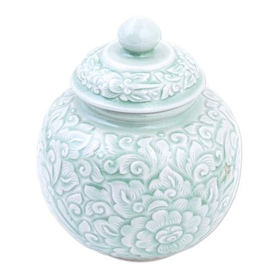 Alternate image for Hand Crafted Celadon Ceramic Floral-Themed Jar Flower Fairy