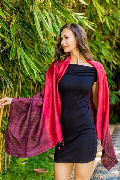 Alternate image for Artisan Crafted 100 Silk Shawl with Fringe from Thailand Red Peony