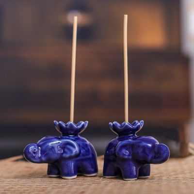 Alternate image for Blue Ceramic Elephant with Lotus Incense Holders Pair Lotus Elephant in Blue