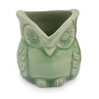 Alternate image for Handcrafted Green Thai Celadon Bird Theme Pot Happy Green Owl