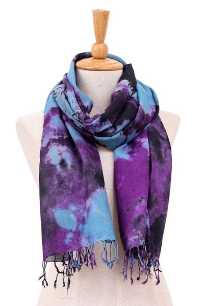 Alternate image for Thai Tie-Dyed Blue and Purple Cotton Scarf Amethyst Sky