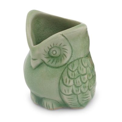 Alternate image for Handcrafted Green Thai Celadon Bird Theme Pot Happy Green Owl