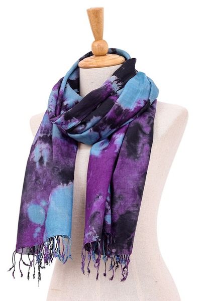 Alternate image for Thai Tie-Dyed Blue and Purple Cotton Scarf Amethyst Sky
