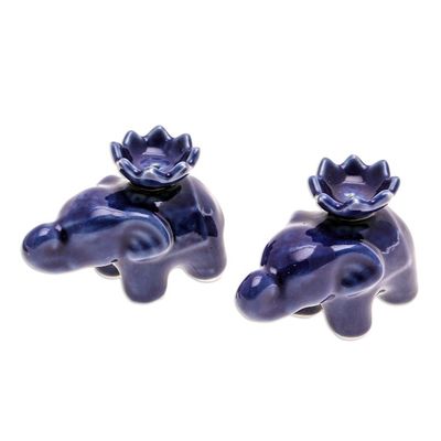 Alternate image for Blue Ceramic Elephant with Lotus Incense Holders Pair Lotus Elephant in Blue
