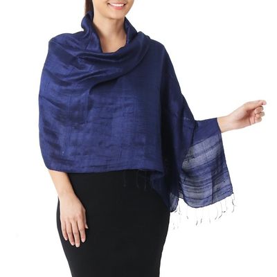 Alternate image for Deep Blue Handwoven Raw Silk Shawl from Thailand Shimmering Indigo
