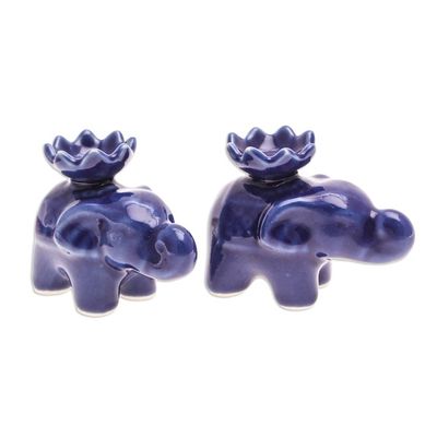 Alternate image for Blue Ceramic Elephant with Lotus Incense Holders Pair Lotus Elephant in Blue