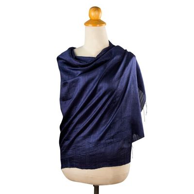 Alternate image for Deep Blue Handwoven Raw Silk Shawl from Thailand Shimmering Indigo