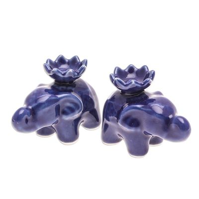 Alternate image for Blue Ceramic Elephant with Lotus Incense Holders Pair Lotus Elephant in Blue