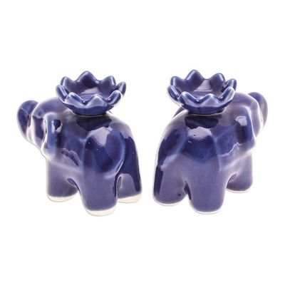 Alternate image for Blue Ceramic Elephant with Lotus Incense Holders Pair Lotus Elephant in Blue