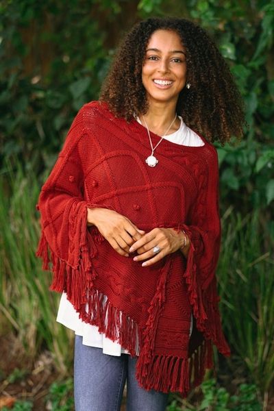 Alternate image for Short Knit Poncho in Claret from Thailand Incredible in Claret