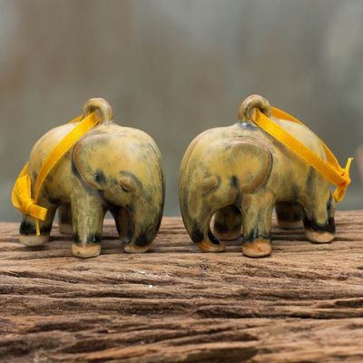 Alternate image for Mottled Yellow Celadon Ceramic Ornaments Pair Yellow Elephant