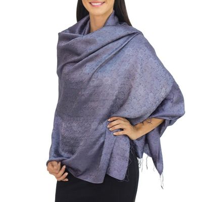 Alternate image for Blue Grey Jacquard Floral Shawl in Rayon and Silk Mandarin Storm