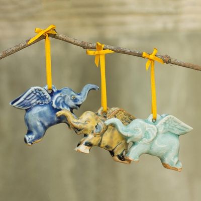 Alternate image for Hand Crafted Ornaments in Celadon Ceramic Set of 3 Flying Elephants