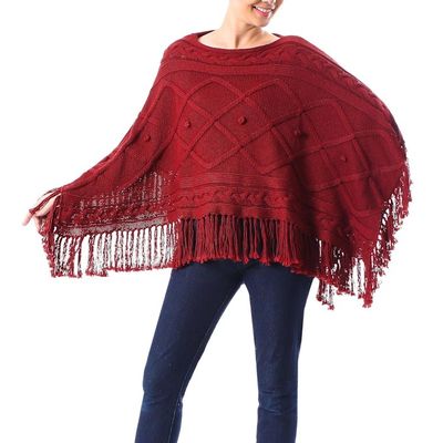Alternate image for Short Knit Poncho in Claret from Thailand Incredible in Claret