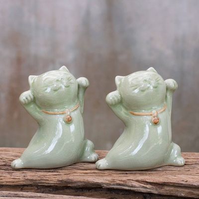 Alternate image for Thai Celadon Ceramic Sculptures Pair Good Luck Cats