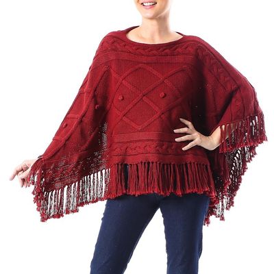 Alternate image for Short Knit Poncho in Claret from Thailand Incredible in Claret