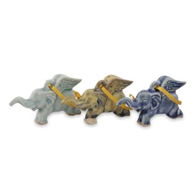 Alternate image for Hand Crafted Ornaments in Celadon Ceramic Set of 3 Flying Elephants