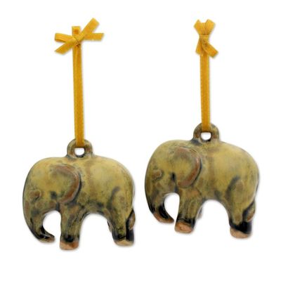 Alternate image for Mottled Yellow Celadon Ceramic Ornaments Pair Yellow Elephant