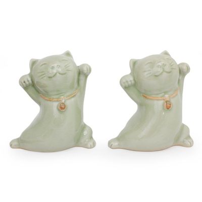 Alternate image for Thai Celadon Ceramic Sculptures Pair Good Luck Cats