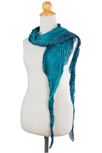 Alternate image for Teal Ombre Crinkled All-Silk Scarf from Thailand Summer Rain