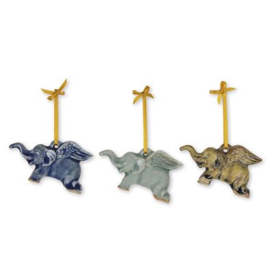 Alternate image for Hand Crafted Ornaments in Celadon Ceramic Set of 3 Flying Elephants