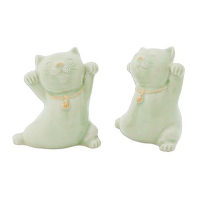Alternate image for Thai Celadon Ceramic Sculptures Pair Good Luck Cats