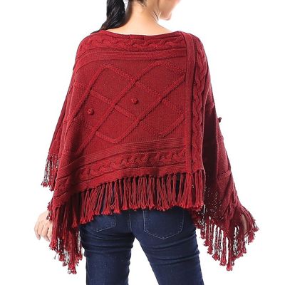 Alternate image for Short Knit Poncho in Claret from Thailand Incredible in Claret
