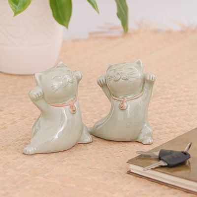 Alternate image for Thai Celadon Ceramic Sculptures Pair Good Luck Cats