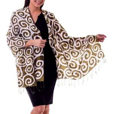 Alternate image for Thai Artisan Crafted Silk Shawl Olive Thai Maze