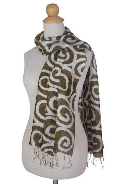 Alternate image for Thai Artisan Crafted Silk Shawl Olive Thai Maze