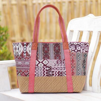 Alternate image for Woven Cotton and Leather Shoulder Bag Happy Journey in Red