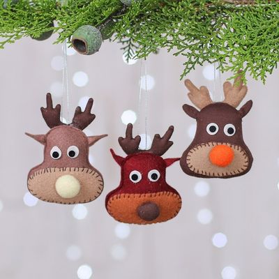 Alternate image for Set of Three Brown and Red Felt Reindeer Ornaments Reindeer Party