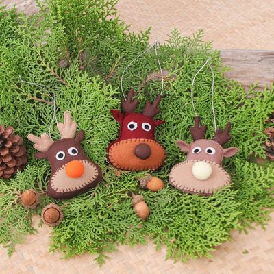 Alternate image for Set of Three Brown and Red Felt Reindeer Ornaments Reindeer Party