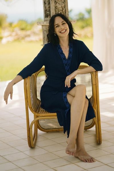 Alternate image for Diamond Embroidered Cotton Robe in Midnight from Thailand Midnight Relaxation