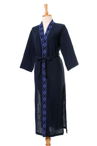Alternate image for Diamond Embroidered Cotton Robe in Midnight from Thailand Midnight Relaxation