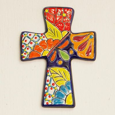 Image for Talavera-Style Ceramic Wall Cross from Mexico Spanish Faith