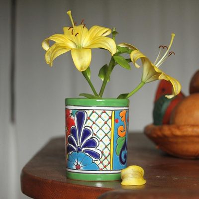 Alternate image for Cylindrical Talavera-Style Ceramic Vase from Mexico Colorful Bouquet