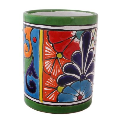 Alternate image for Cylindrical Talavera-Style Ceramic Vase from Mexico Colorful Bouquet